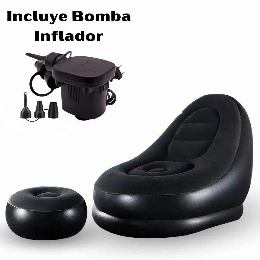 🛋️Sillón Inflable Portátil con Posapies + Bomba (Negro)